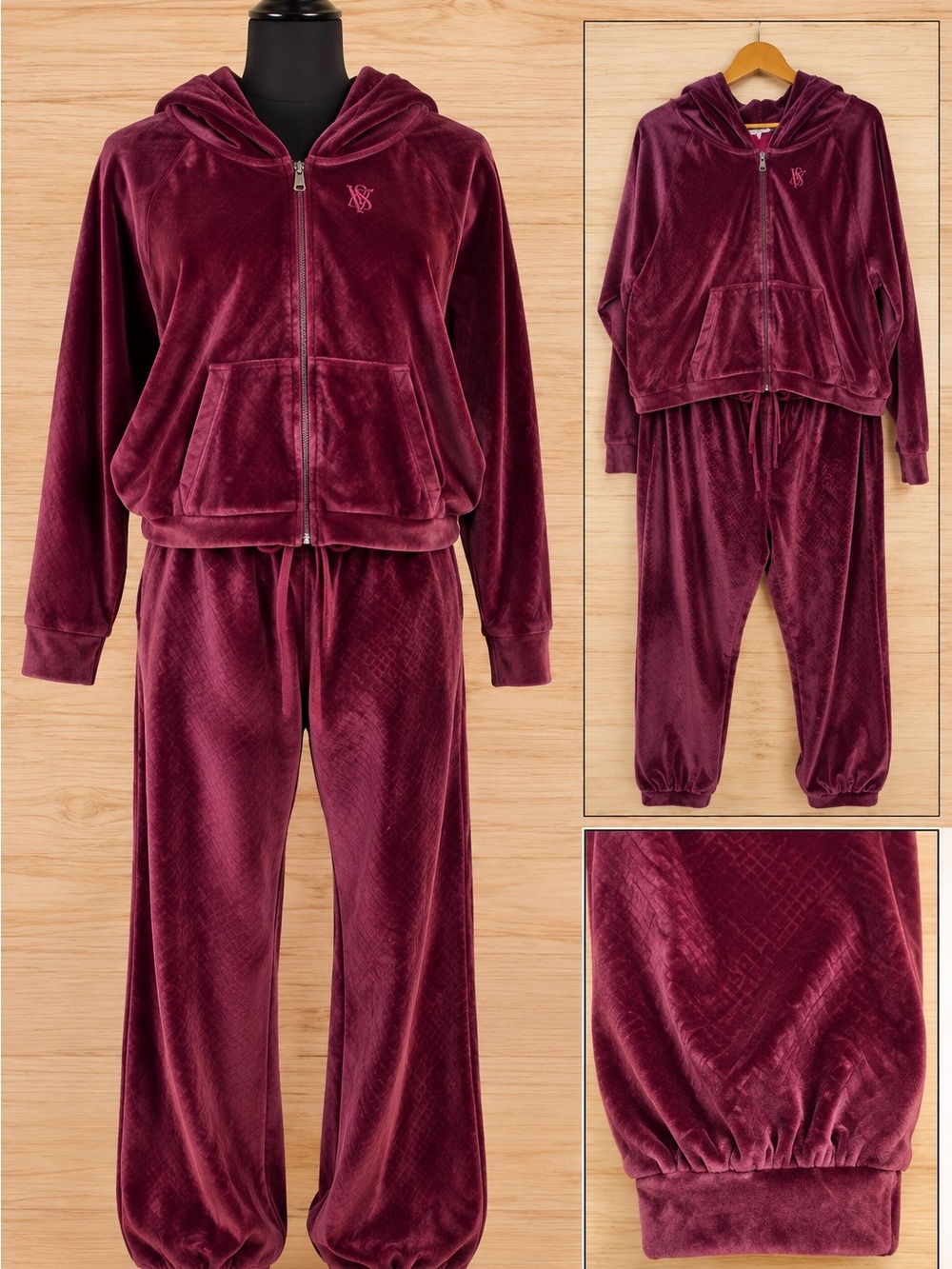Victoria’s Secret Velour Hoodie & Jogger Set XL Deep Plum Burgundy